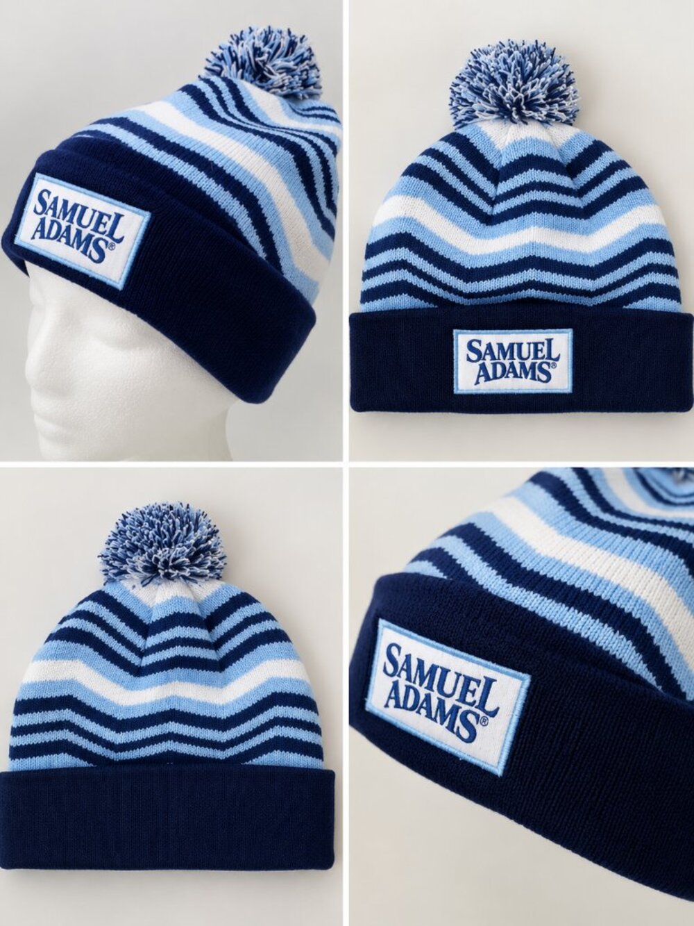 Samuel Adams Beer Blue White Striped Pom Pom Winter Beanie Hat